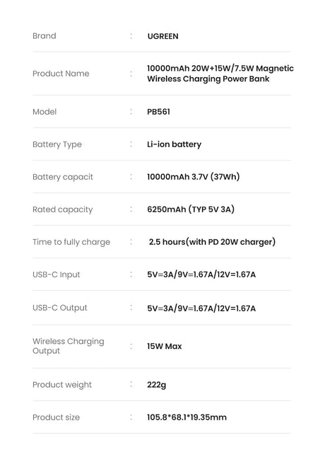 Product specification sheet for a UGREEN 10000mAh wireless charging power bank.