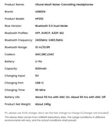 Product specification sheet for Ugreen Hitune Max5 noise-cancelling headphones.