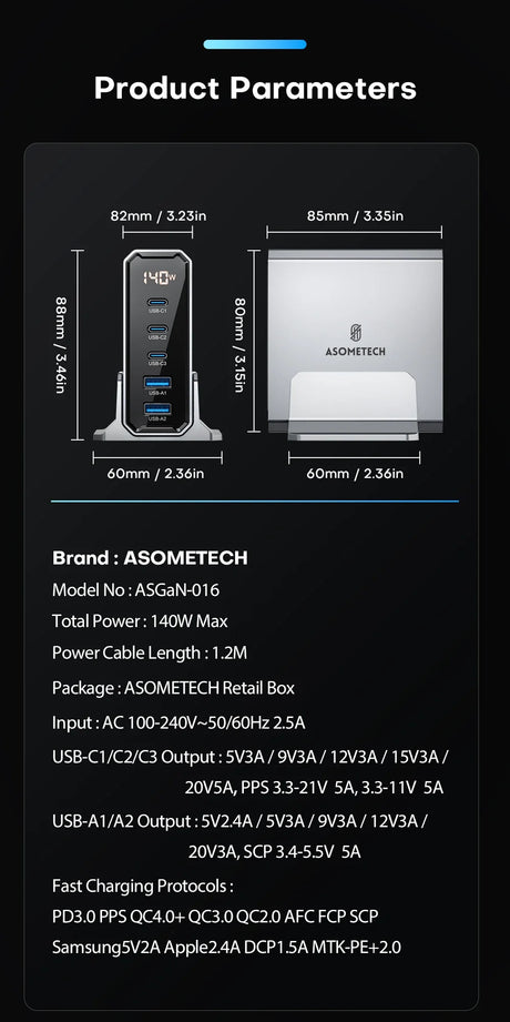 Product specifications chart for an ASOMETECH charging device, displaying dimensions and technical details.