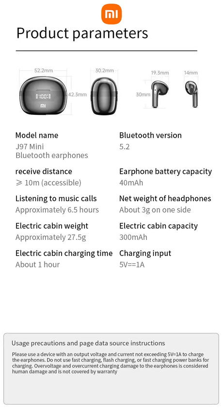 Product specifications chart for Xiaomi wireless earphones, detailing various technical parameters and features.