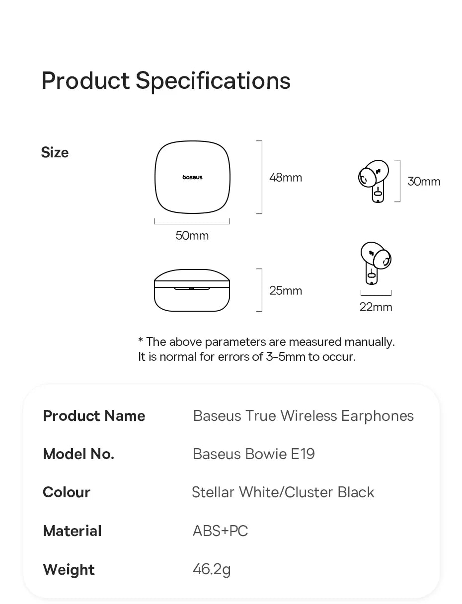 Product specifications sheet for Baseus True Wireless Earphones, detailing dimensions, model, color, material, and weight.