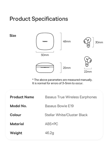 Product specifications sheet for Baseus True Wireless Earphones, detailing dimensions, model, color, material, and weight.