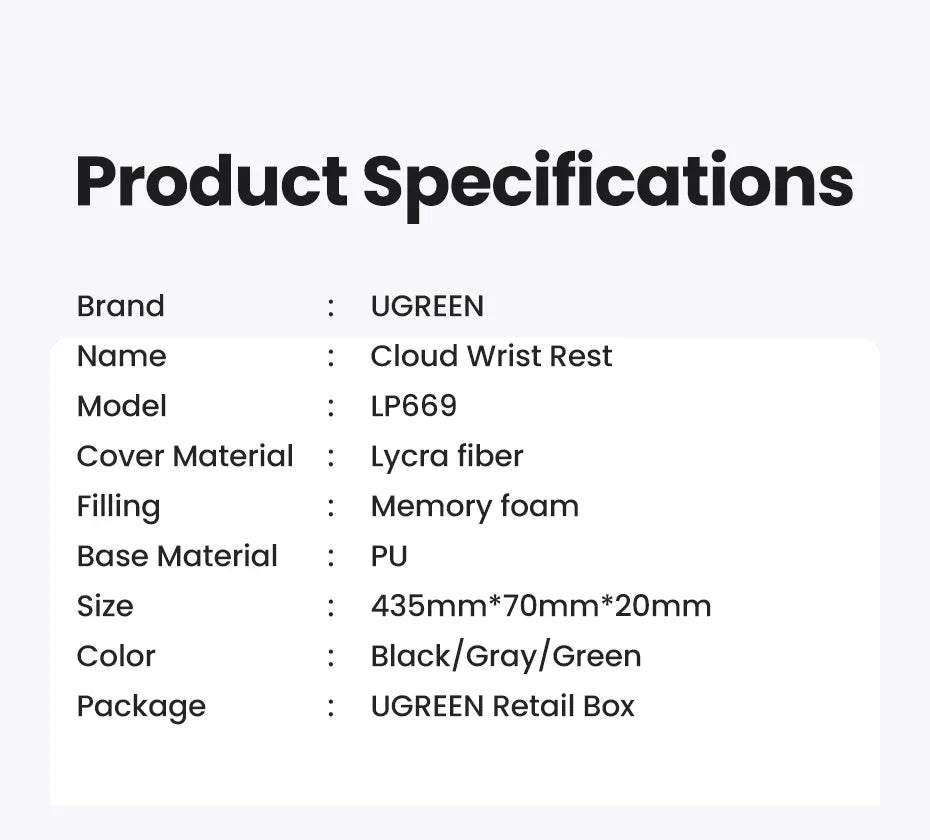 Product specifications table for a UGREEN Cloud Wrist Rest.