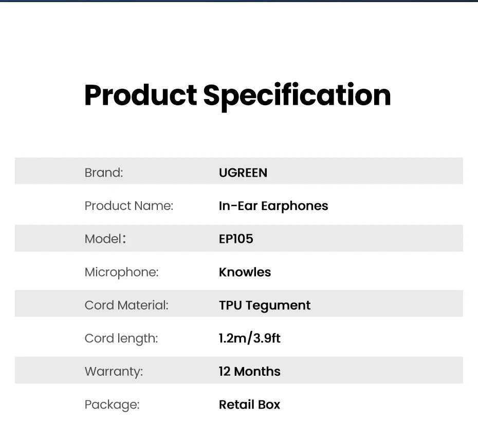 Product specifications for UGREEN in-ear earphones.