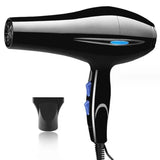 a black and blue hair dryer with a blue light