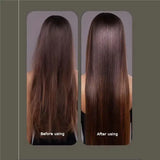 a woman with long hair before and after straightening