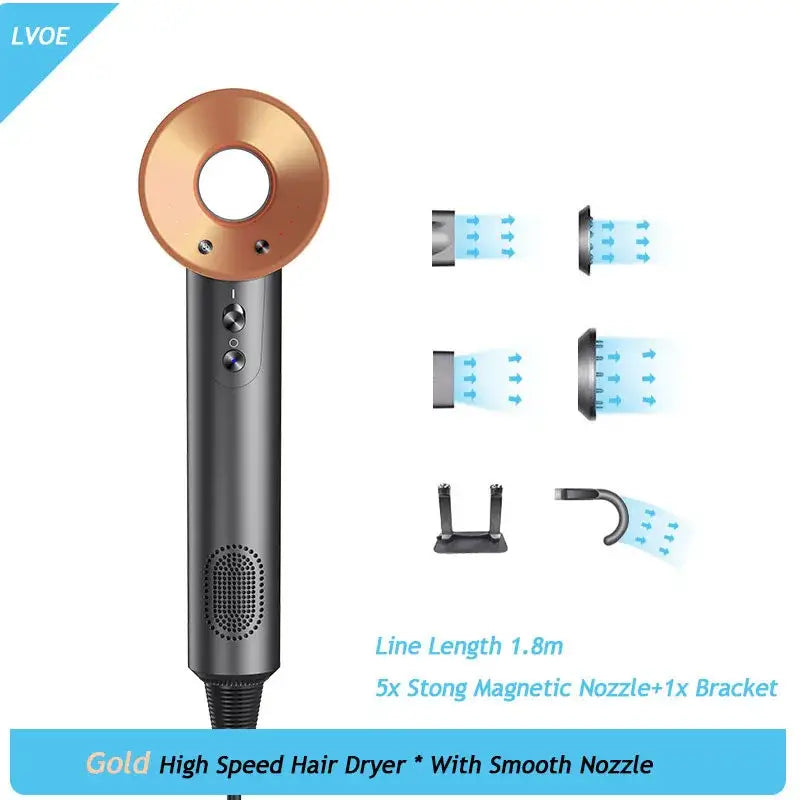 the gold and silver hair dryer with a bluetooth
