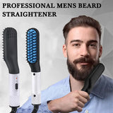 a close up of a man with a beard brush and a hair straightener