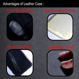 A promotional graphic detailing the advantages of a leather phone case.