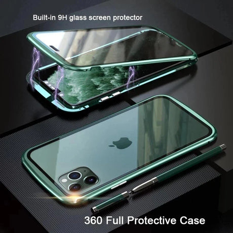 Protective case for an iPhone with a built-in glass screen protector and 360-degree coverage.