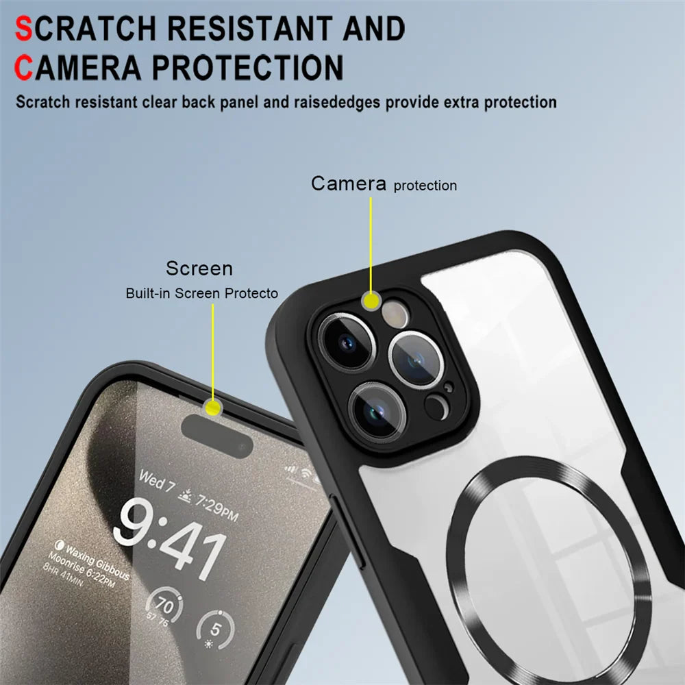 Protective case for an iPhone with camera and screen protection features highlighted.