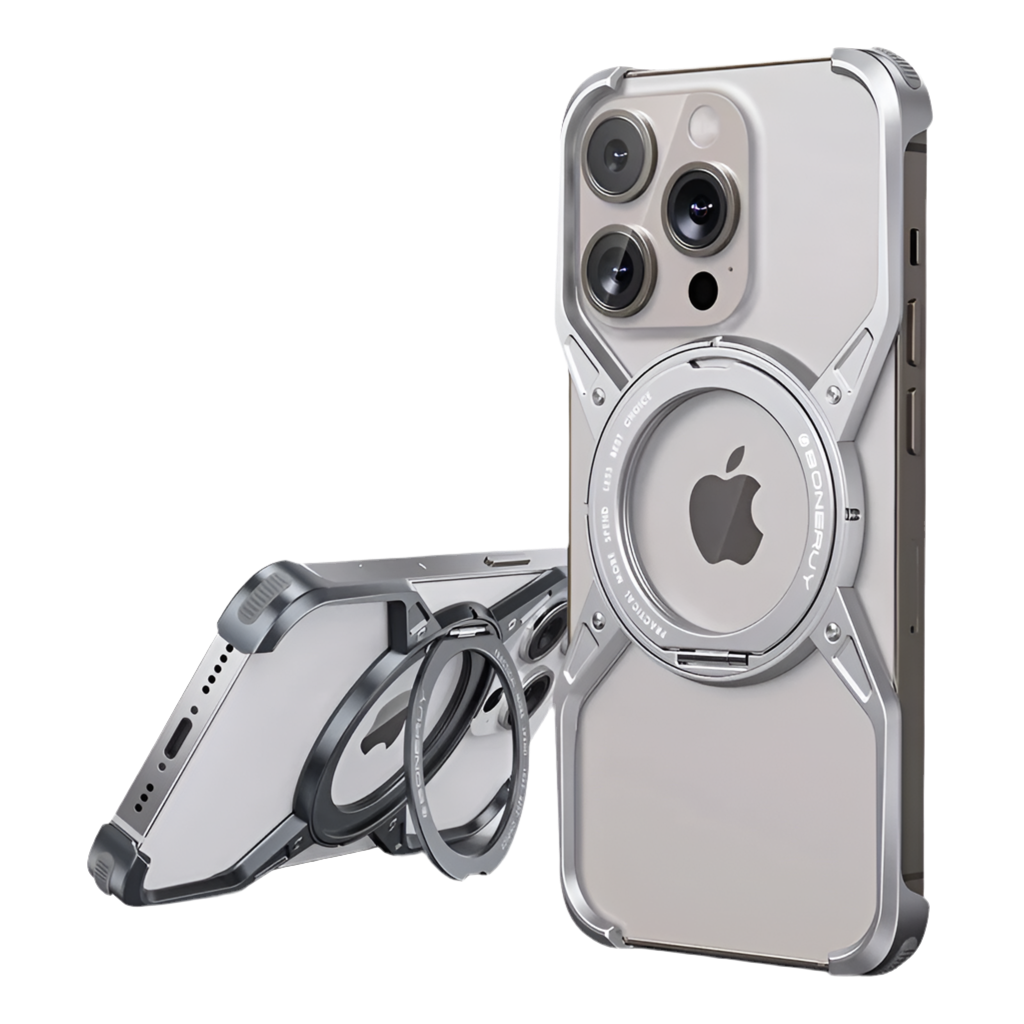 Protective case for an iPhone with a circular magnetic attachment and kickstand.