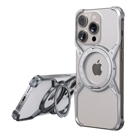 Protective case for an iPhone with a circular magnetic attachment and kickstand.