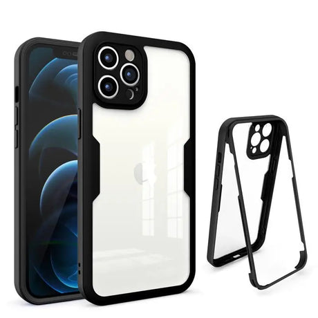 Protective case for an iPhone with a clear back panel and black edges.