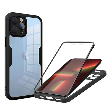 Protective case for an iPhone with a detachable front cover and multiple camera cutouts.