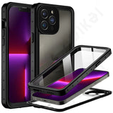 Protective case for an iPhone with a triple-lens camera system, featuring a clear back panel and black frame.