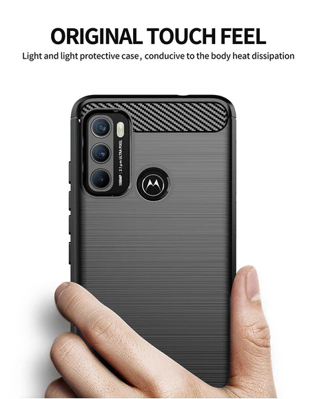 Protective case for a Motorola smartphone with a textured back and triple camera setup.