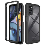 Protective case for a Motorola smartphone with a clear back panel and multiple camera cutouts.