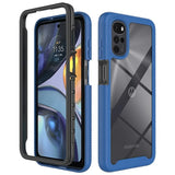 Protective case for a Motorola smartphone with a blue border and clear back panel.