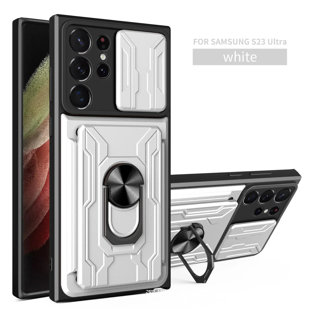 Protective case for Samsung S23 Ultra smartphone in white color with a built-in ring holder and geometric design.