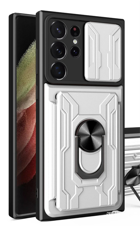 Protective case for a smartphone with a camera cutout and ring holder.