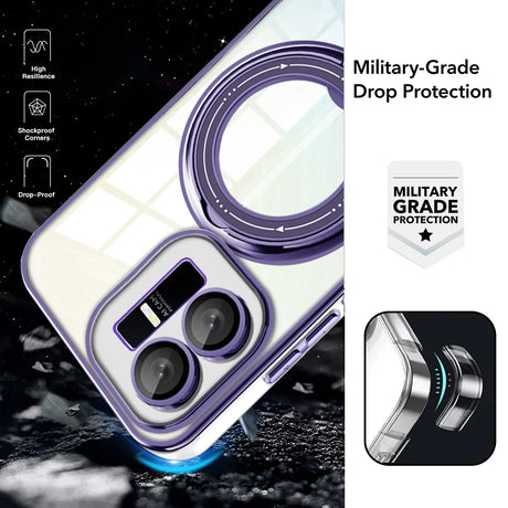 Protective case for a smartphone with dual camera lenses, featuring a purple bumper and military-grade drop protection.