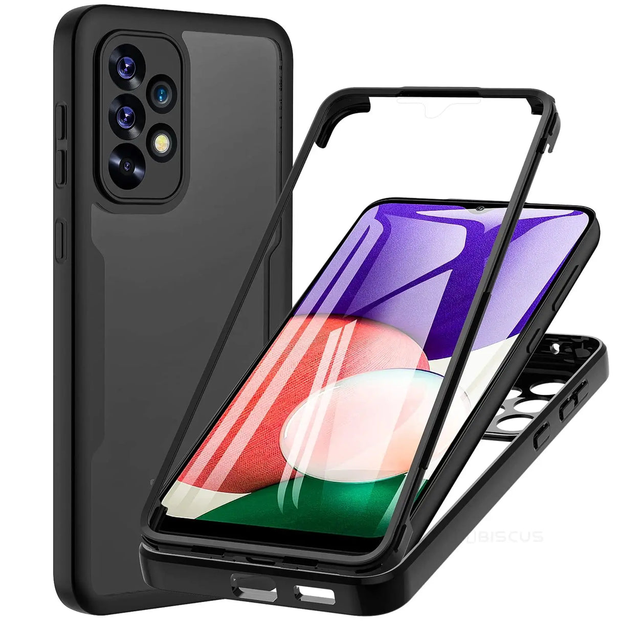 Protective case for a smartphone with multiple camera lenses and a built-in screen protector.