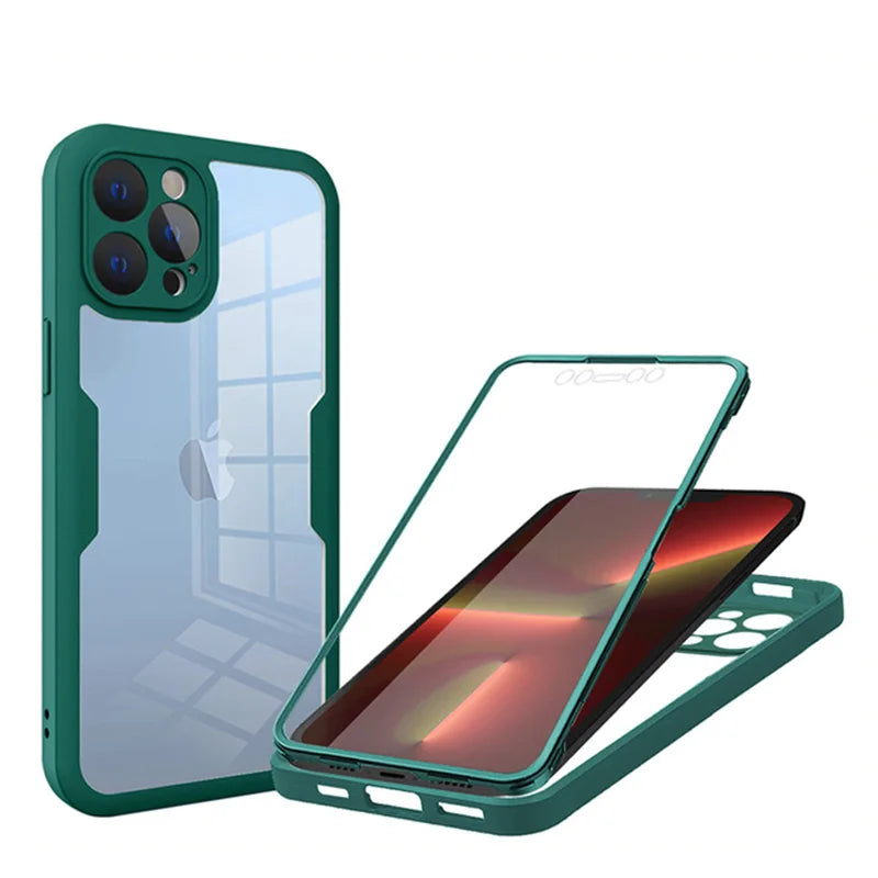 Protective case for a smartphone with a transparent back and green edges.