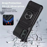 Protective phone case with a built-in kickstand and ring holder.