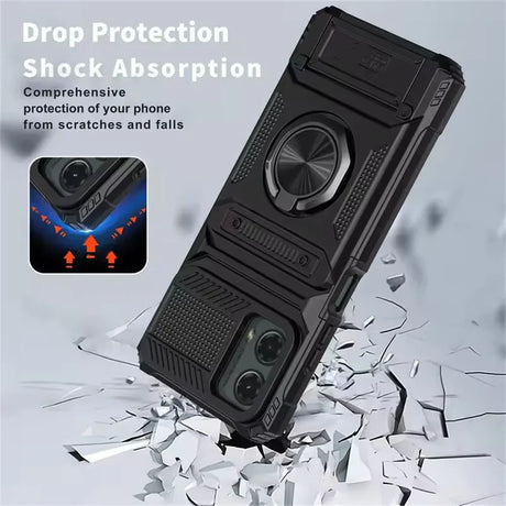 Protective phone case with a built-in kickstand and ring holder.