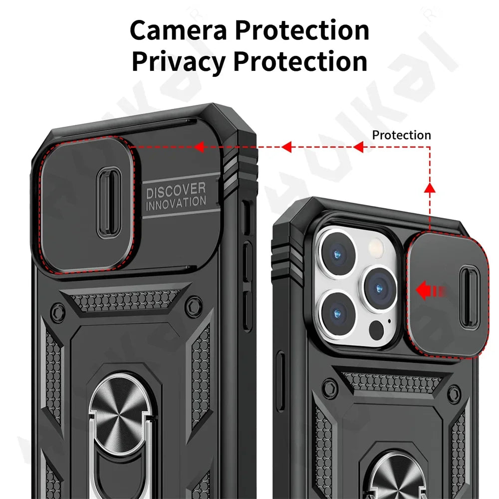 Shockproof 360 Case with Magnetic Ring Holder Stand For iPhone 15 14 13 12 Pro Max Plus Full Body Rugged Protective Slide Camera Cover