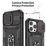 Protective phone case with camera cover and ring holder for an iPhone.