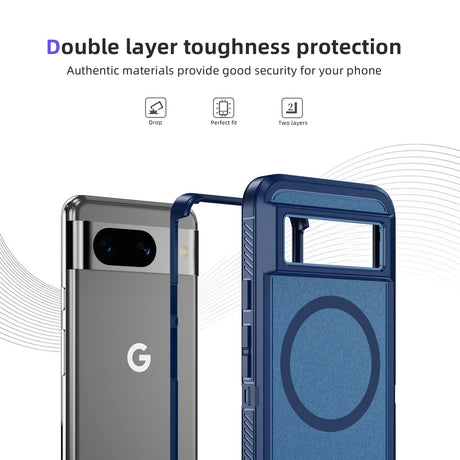 Protective phone case with double-layer design for a Google Pixel smartphone.