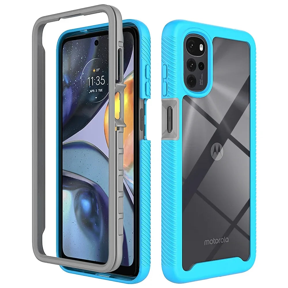 Protective phone case for a Motorola smartphone with a blue border and clear back panel.