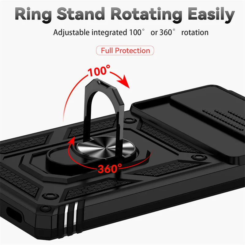 Protective phone case with a rotating ring stand offering 100° and 360° adjustable rotation.