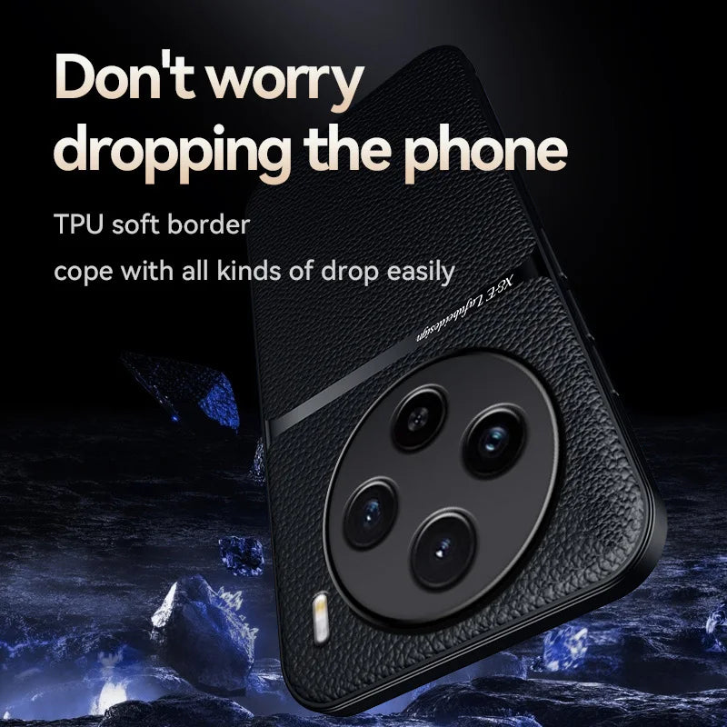 Protective phone case with a TPU soft border and multiple camera lenses.