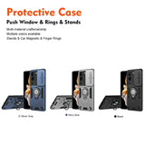 Protective phone cases with built-in stands and ring holders in three color options.