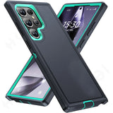 Protective smartphone case with a black body and teal green accents.