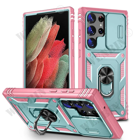 Protective smartphone case with a built-in ring holder and camera lens cover in pink and teal colors.