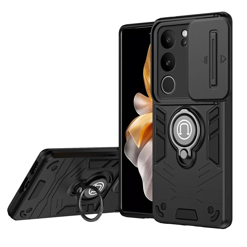 Protective smartphone case with a built-in ring holder and kickstand.