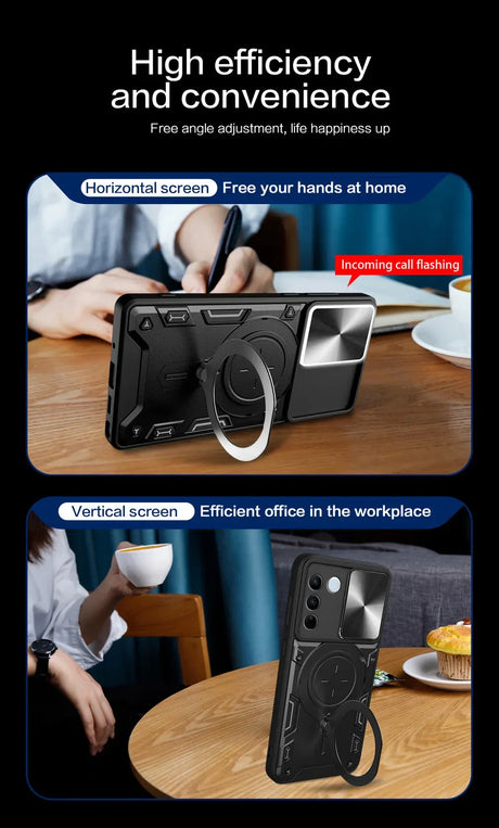 Protective smartphone case with a built-in ring stand and kickstand functionality.