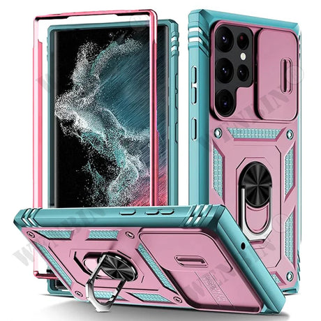 Protective smartphone case with a built-in ring holder in pink and teal colors.