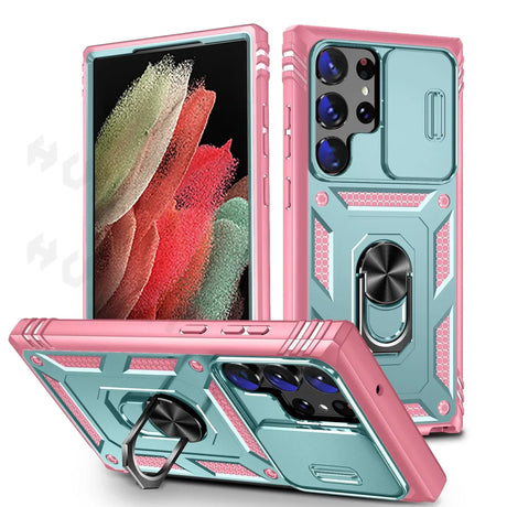 Protective smartphone case with a built-in ring holder and camera lens cover in pink and teal colors.