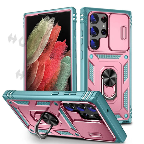 Protective smartphone case with a built-in ring holder and camera lens cover in pink and teal colors.