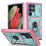 Protective smartphone case with a built-in ring holder and camera lens cover in pink and teal colors.