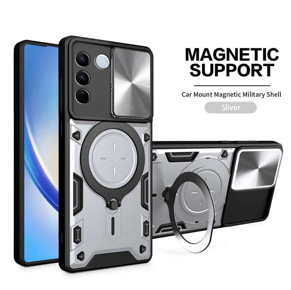 Protective smartphone case with magnetic support and a built-in ring holder.