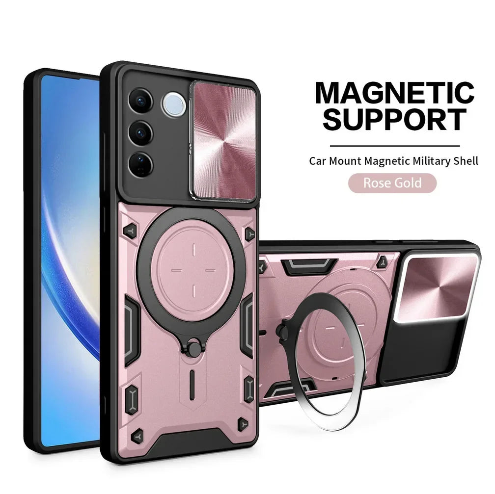 Protective smartphone case with magnetic support and a ring holder in rose gold color.