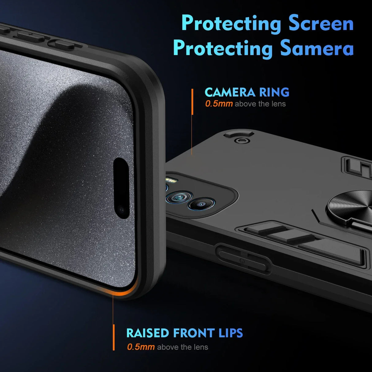 A protective smartphone case with raised edges for screen and camera protection.