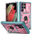 Protective smartphone case with a ring holder and camera lens cover in pink and teal colors.