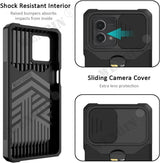 Protective smartphone case with shock-resistant interior and sliding camera cover.